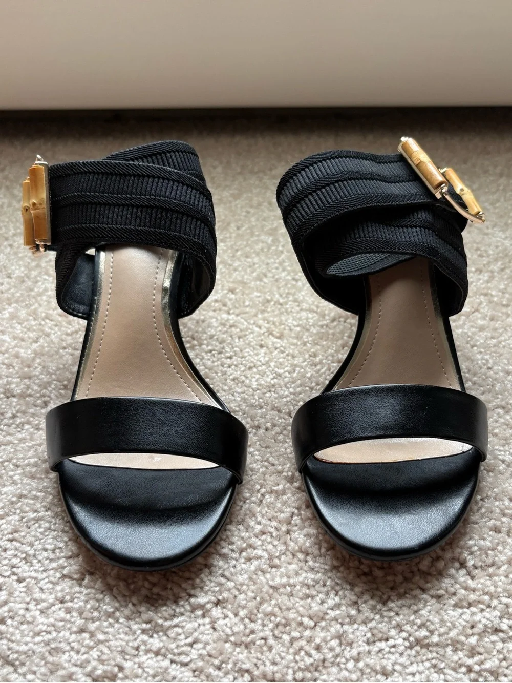 White House Black Market Black Open-Toe Heeled Sandals with Gold Buckle